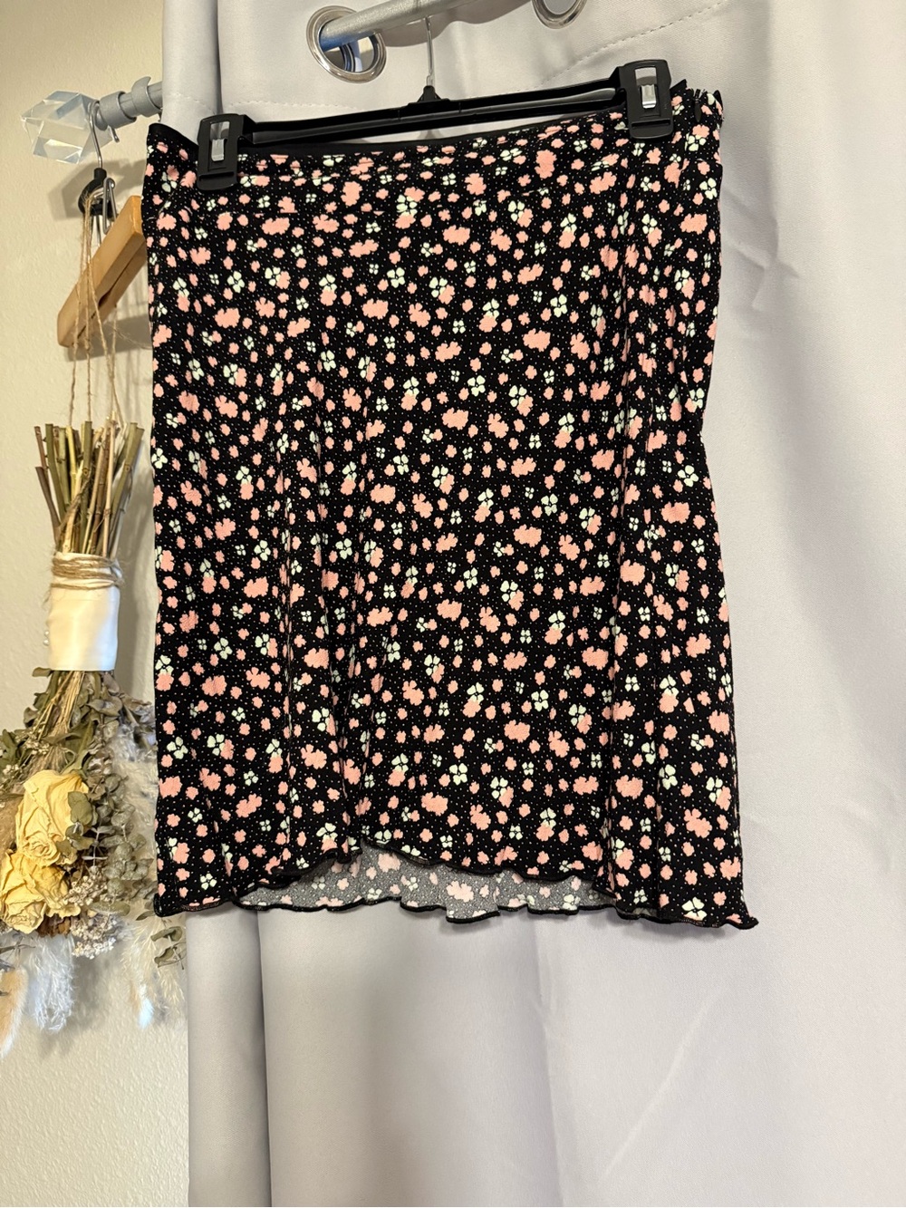 Free People Black Mini Skirt with Pink and White Floral Print